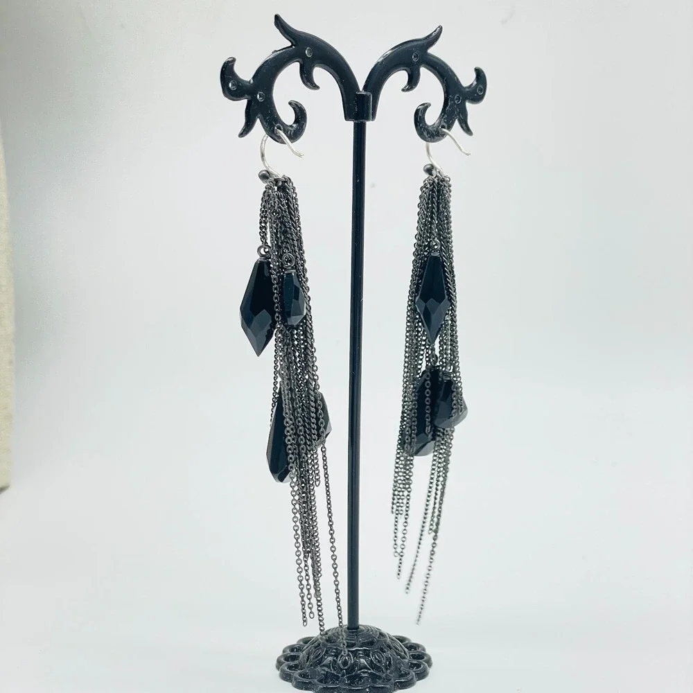 Vintage Black Tassel Pierced Earrings Chain Dangle Statement Boho Goth - Picture 7 of 9